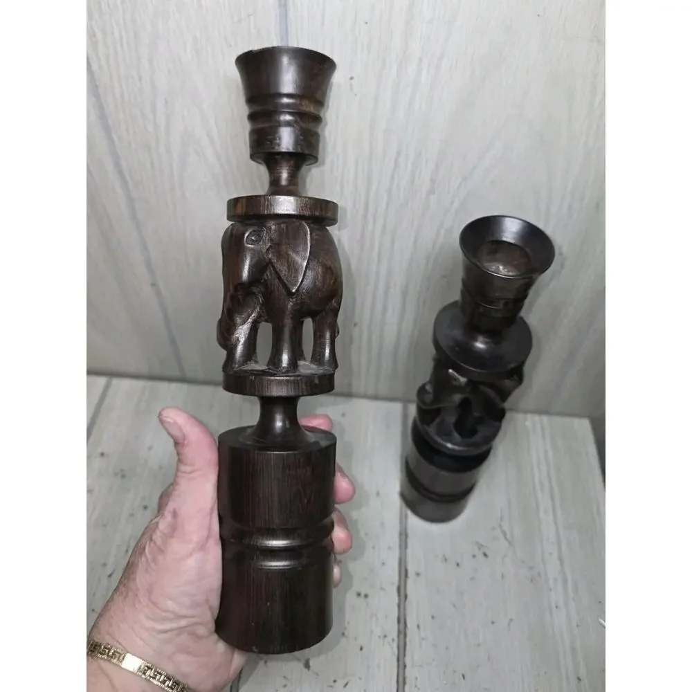 Vtg Wooden Hand Carved Elephant Candle Holders Set of 2 Solid Wood Decor Safari